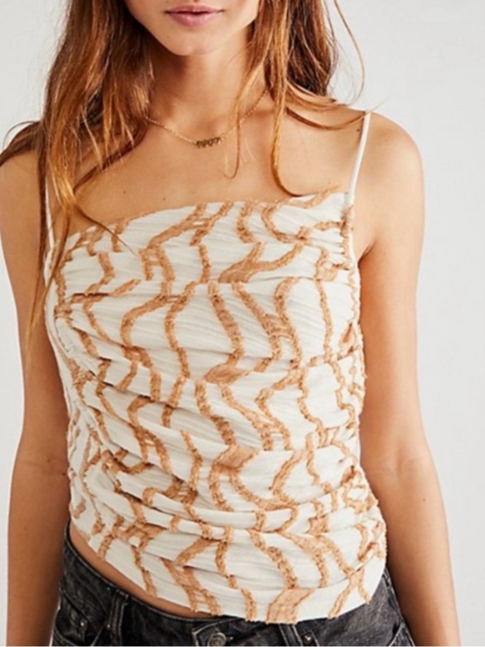 Free People White & Tan Textured Ruched Spaghetti-Strap Asymmetrical Tank